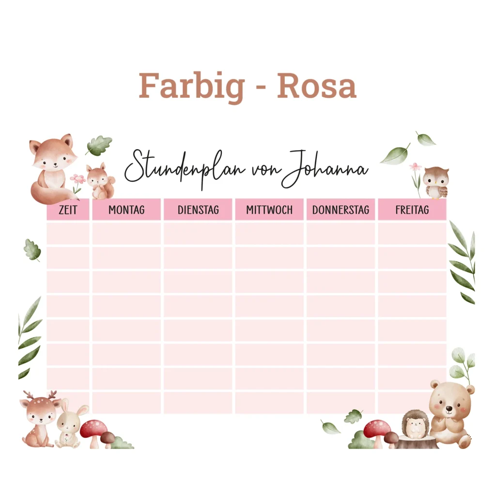 Stundenplan auf Acrylglas - Waldtiere - Rosa