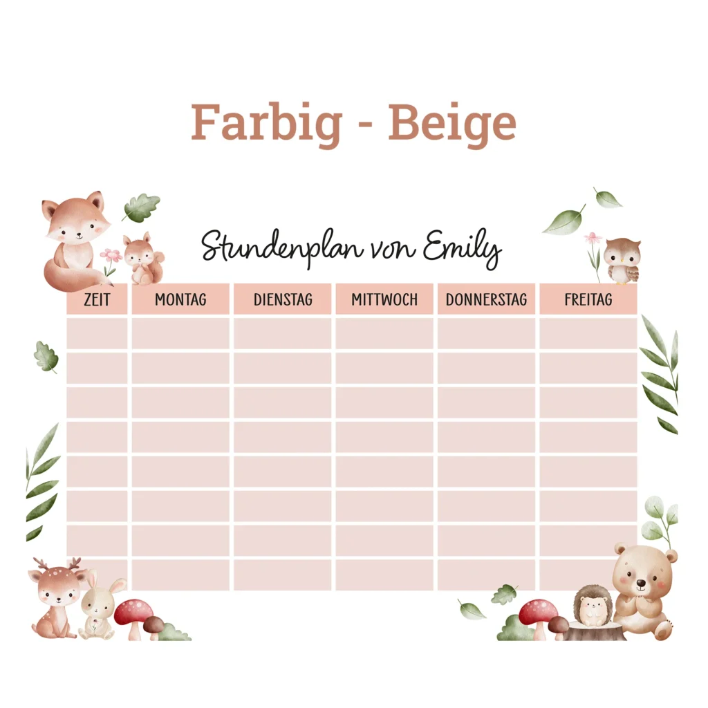 Stundenplan auf Acrylglas - Waldtiere - Beige