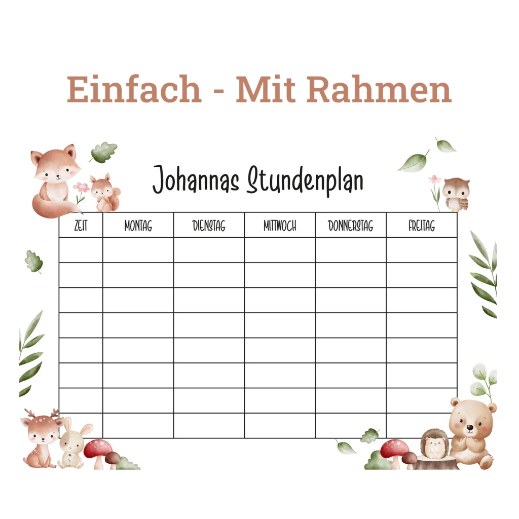 Stundenplan auf Acrylglas - Waldtiere - Mit Rahmen