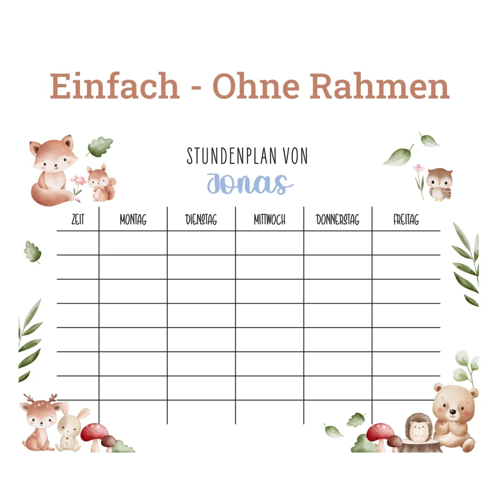 Stundenplan auf Acrylglas - Waldtiere - Ohne Rahmen