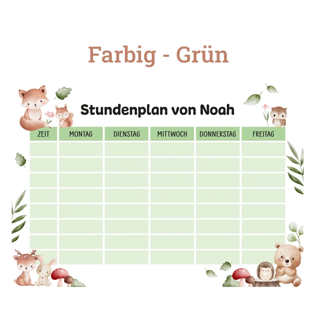 Stundenplan auf Acrylglas - Waldtiere - Grün