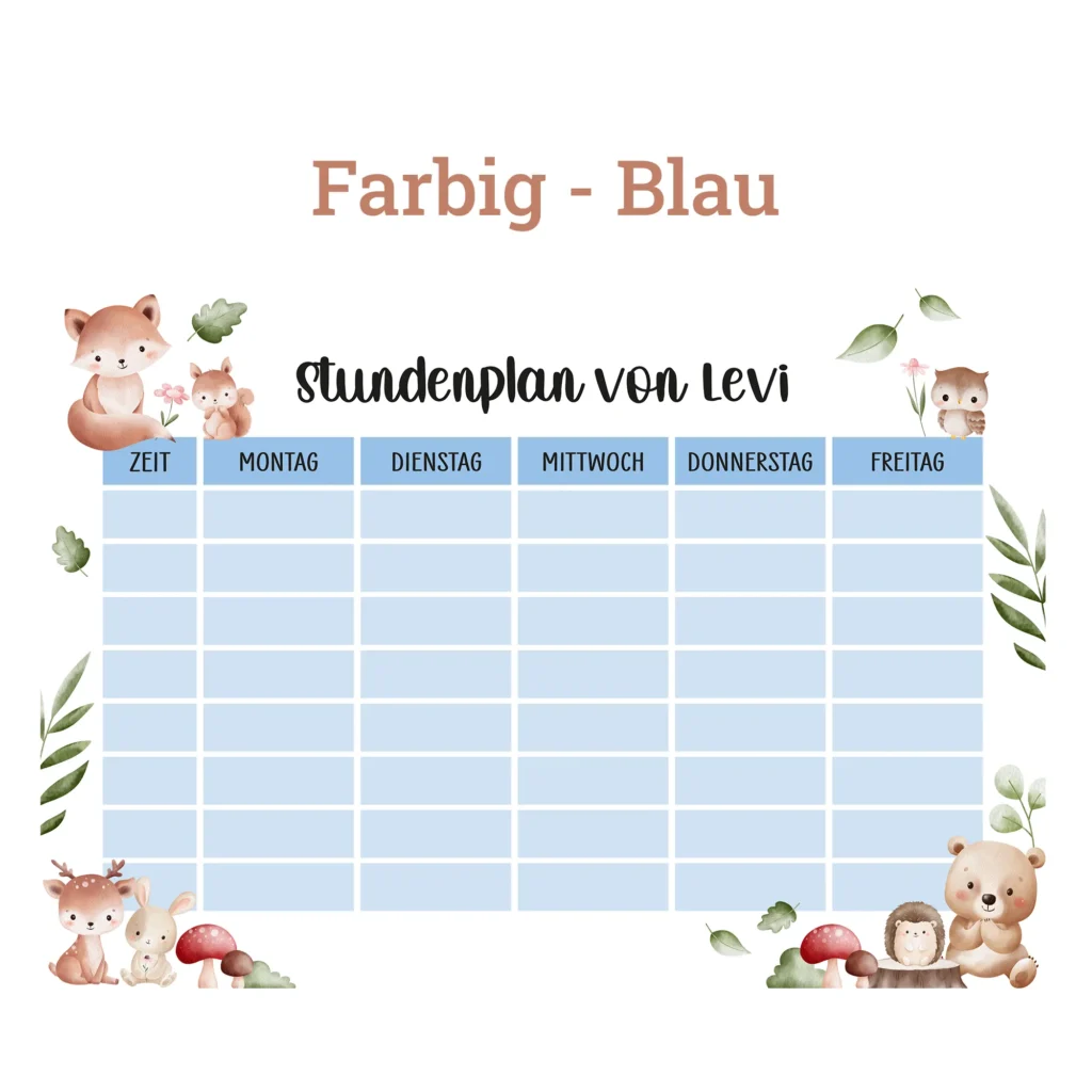 Stundenplan auf Acrylglas - Waldtiere - Blau