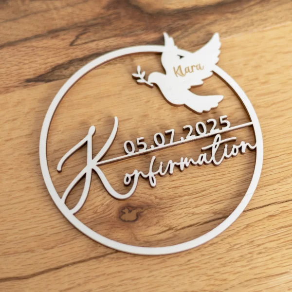 Personalisierter Dekoring - Konfirmation mit Datum (Taube)