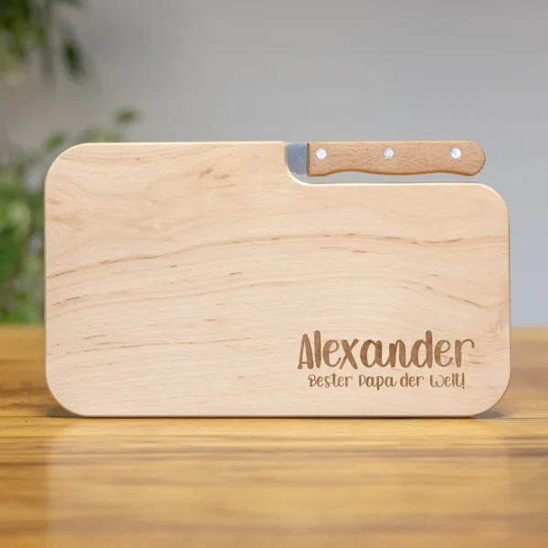 Personalisierbares Schneidebrett mit Schneidemesser und Wunschgravur - Produktbild