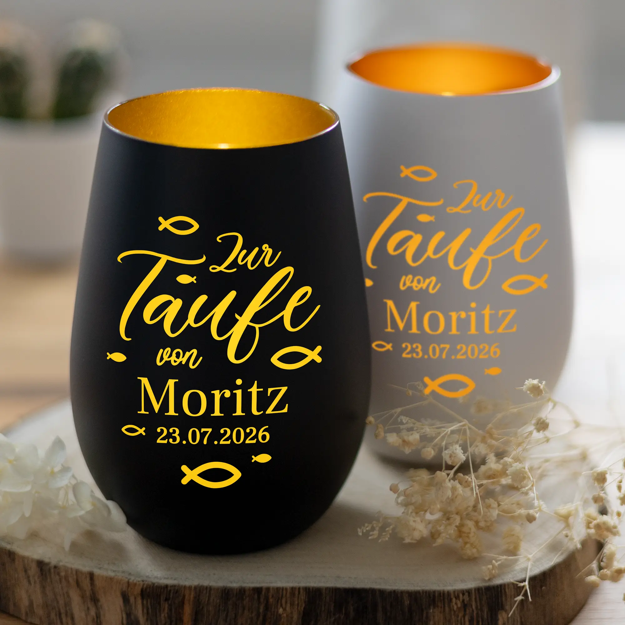 Personalisiertes Windlicht aus Glas zur Taufe - Produktbild